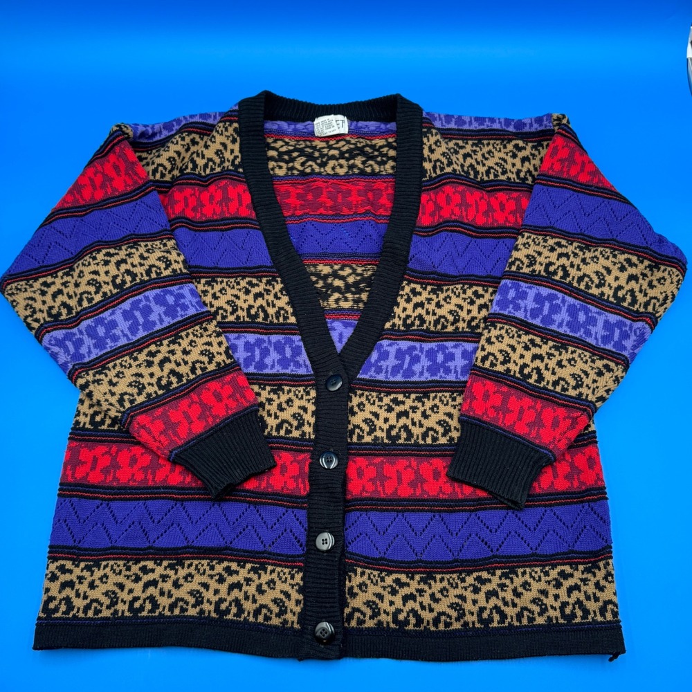 VIntage 90s KORET Womens Geometric Leopard Print Cardigan Sweater Size L